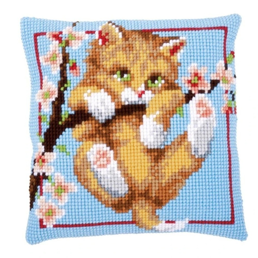 Vervaco Stamped Cross Stitch Cushion Kit Kitten Hanging From A Tree 16" x 16"